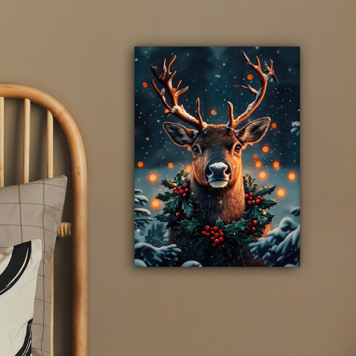 LEINWANDBILD Hirsch - Weihnachten - Winter - Schnee - Weihnachtskranz Room Decor 30x40 cm - Dunkelbraun, Textil (30/40cm) - MuchoWow