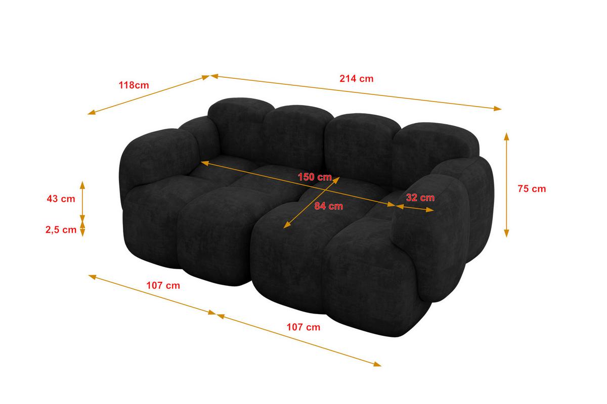 2-SITZER modulares Sofa Miko-S1 214x118x75 cm Schwarz Velours - Schwarz, Holzwerkstoff/Kunststoff (214/75/118cm) - ALTDECOR
