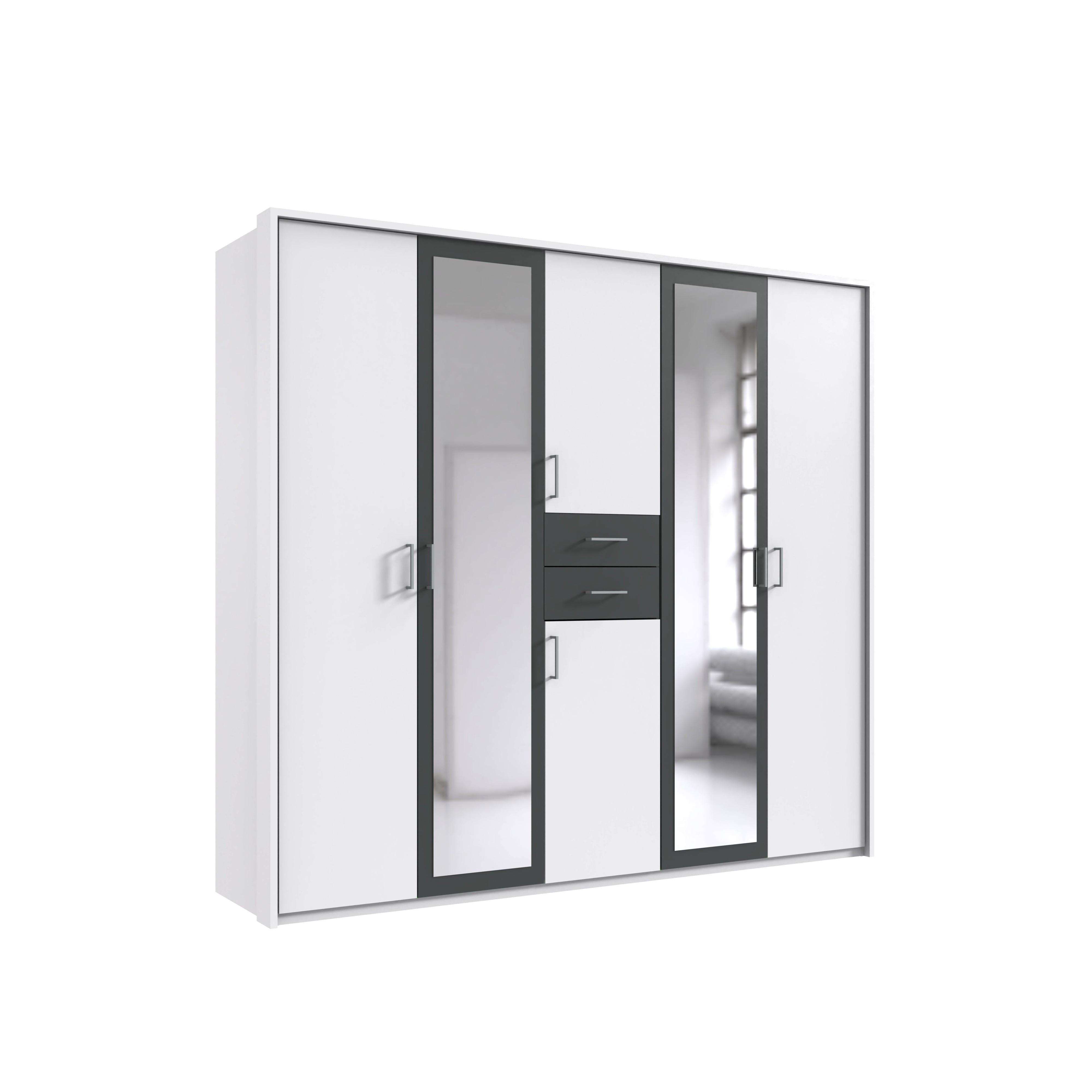 DREHTÜRENSCHRANK Kleiderschrank B228/H210/T58 cm mit Passepartout, Schubkästen & 2 Spiegeltüren, Weiß mit Absetzungen in Grafit / 22598 - Silberfarben/Graphitfarben, Holzwerkstoff/Kunststoff (228/210/58cm) - luma-home
