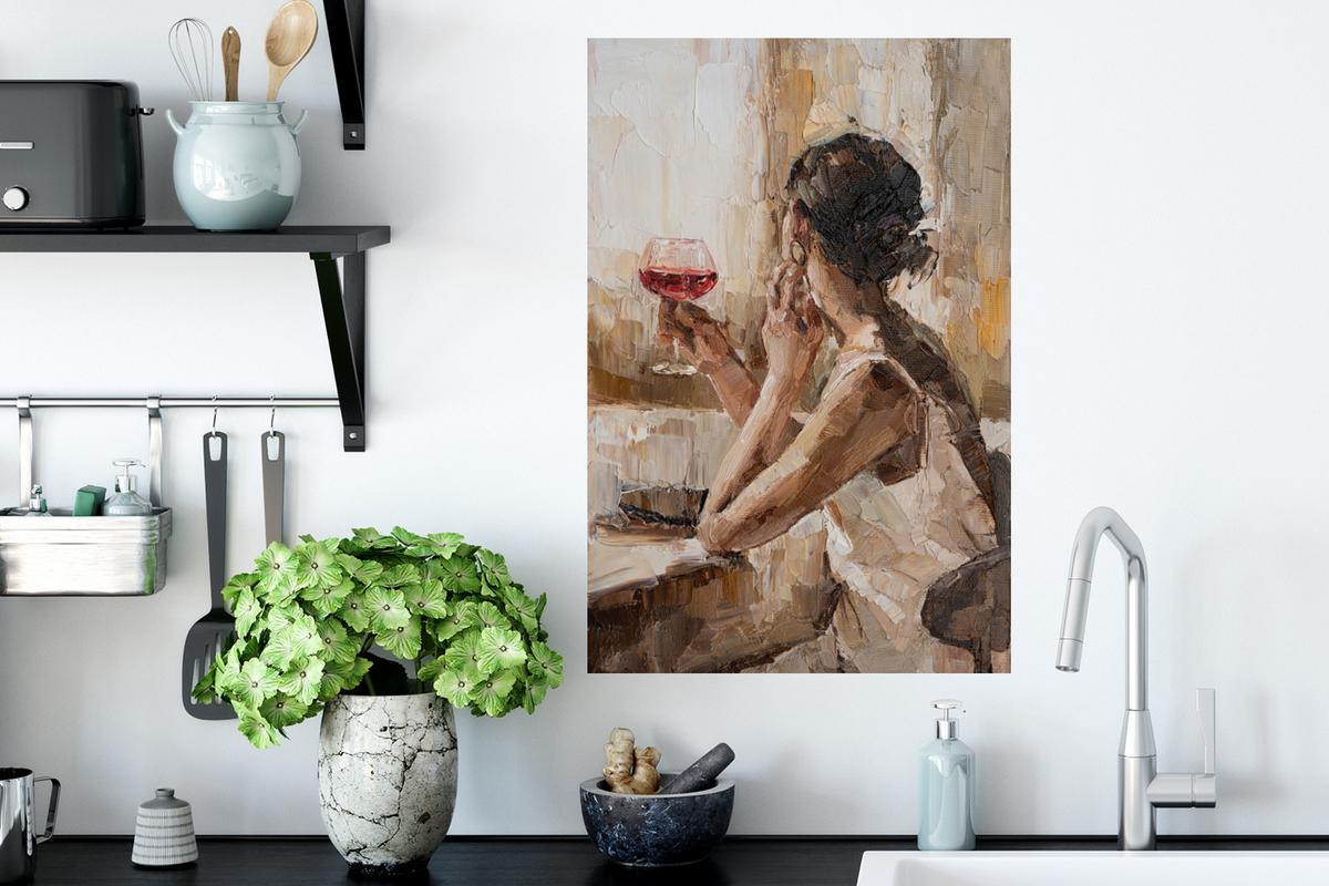 WANDTATTOO Ölgemälde - Frau - Wein Wandbild 40x60 cm - Hellbraun, Kunststoff (40/60/0.1cm) - MuchoWow