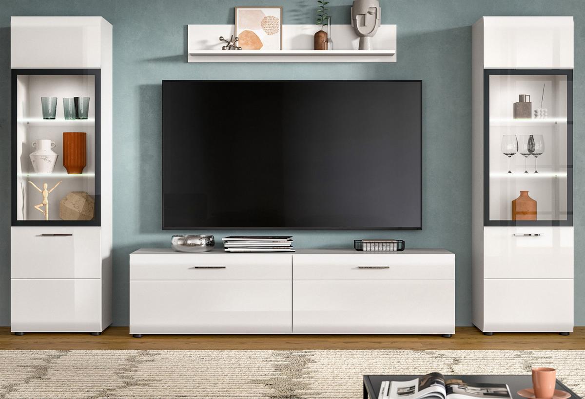 WOHNWAND weiß Hochglanz 4-teilig 280 cm, Schrankwand mit 2 Vitrinen - Weiß Hochglanz/Silberfarben, Glas/Holzwerkstoff (280/160/41cm) - Inn.Furn