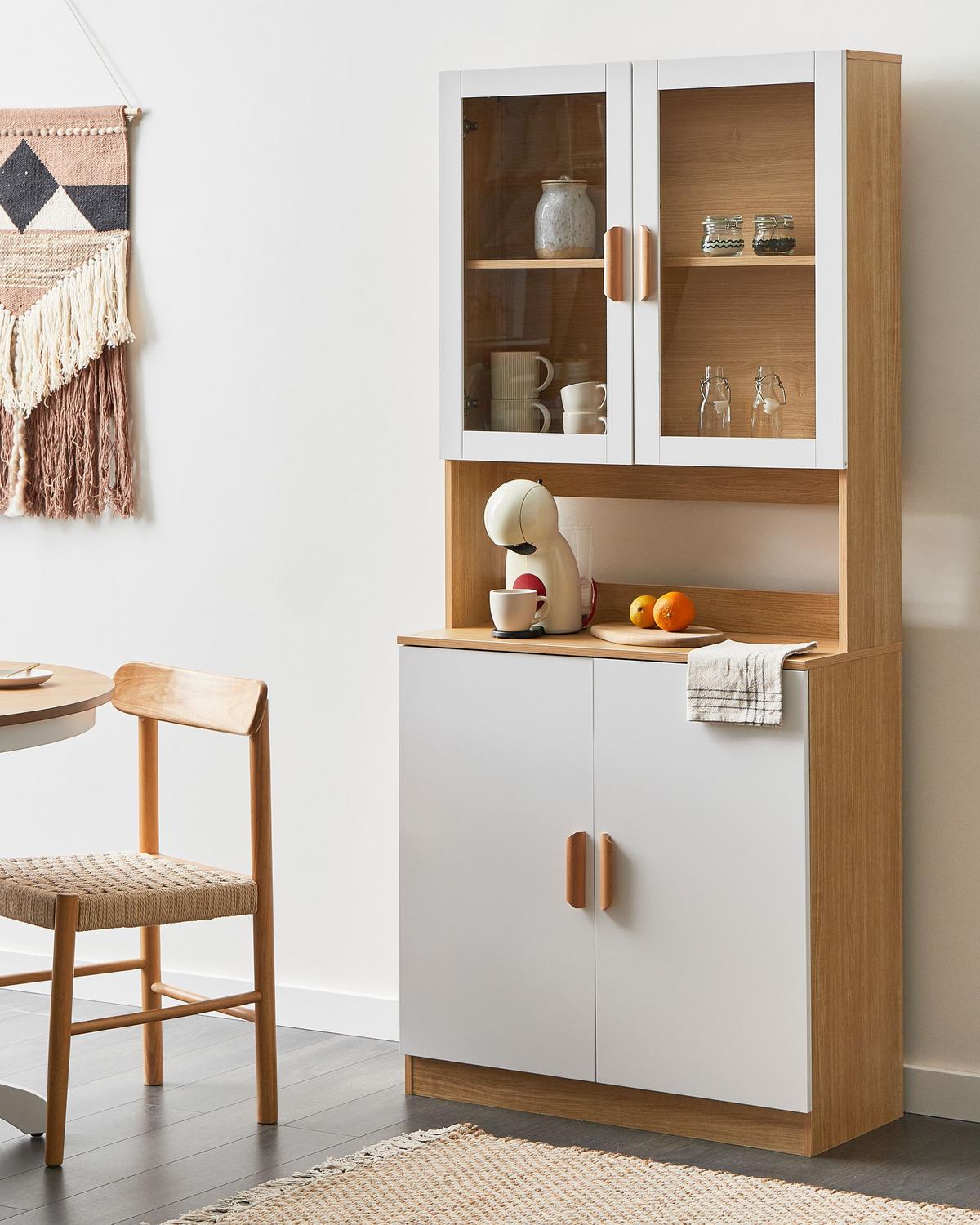 VITRINE mit Glastüren 80 cm Weiß Cygnet - Hellbraun, Holzwerkstoff (80/182/34cm) - Beliani