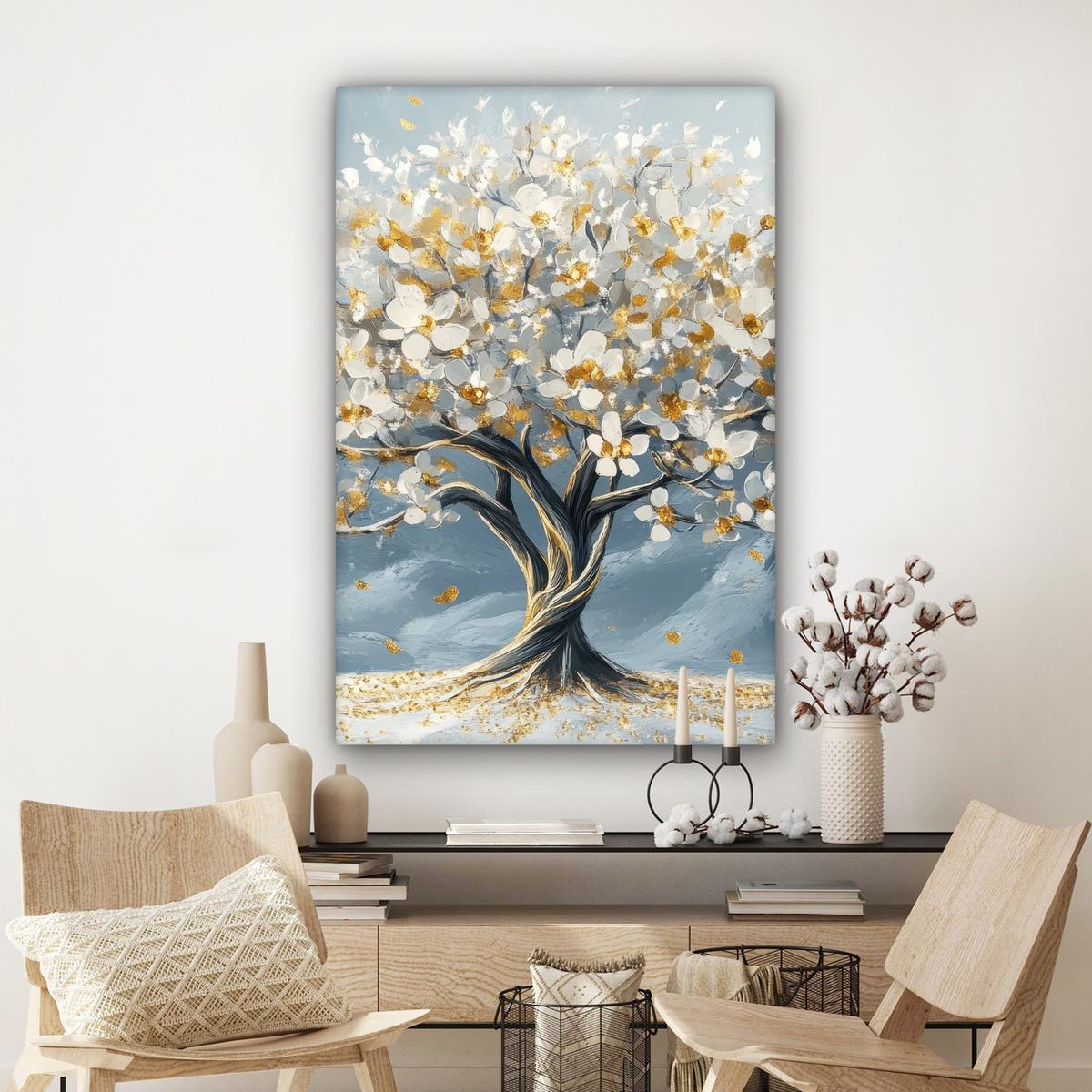 LEINWANDBILD Baum - Winter - Baum des Lebens - Modern - Gold Deko XXL 80x120 cm - Goldfarben, Textil (80/120cm) - MuchoWow