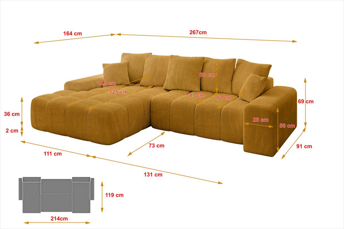 ECKSOFA Ottomane Links ENSI-L - 267x164x69 cm Currygelb - Currygelb, Holzwerkstoff/Kunststoff (267/164cm) - ALTDECOR