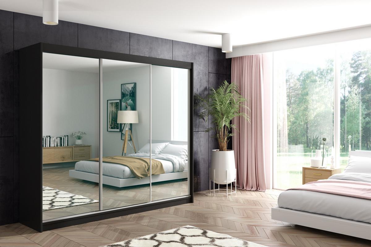 KLEIDERSCHRANK mit Spiegel-Schiebetüren und Aluminium-Leisten - DEBI - 180 cm Schwarz - Schwarz, Holzwerkstoff (180/216/61cm) - ALTDECOR