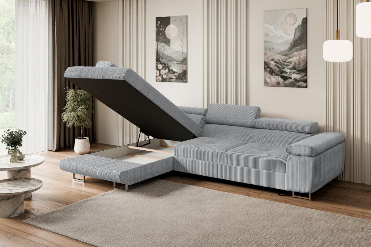 ECKSOFA mit Schlaffunktion und Bettkasten GUSA-L 272x202x107 cm Grau Cord - Silberfarben/Grau, Holzwerkstoff/Textil (202/272cm) - ALTDECOR