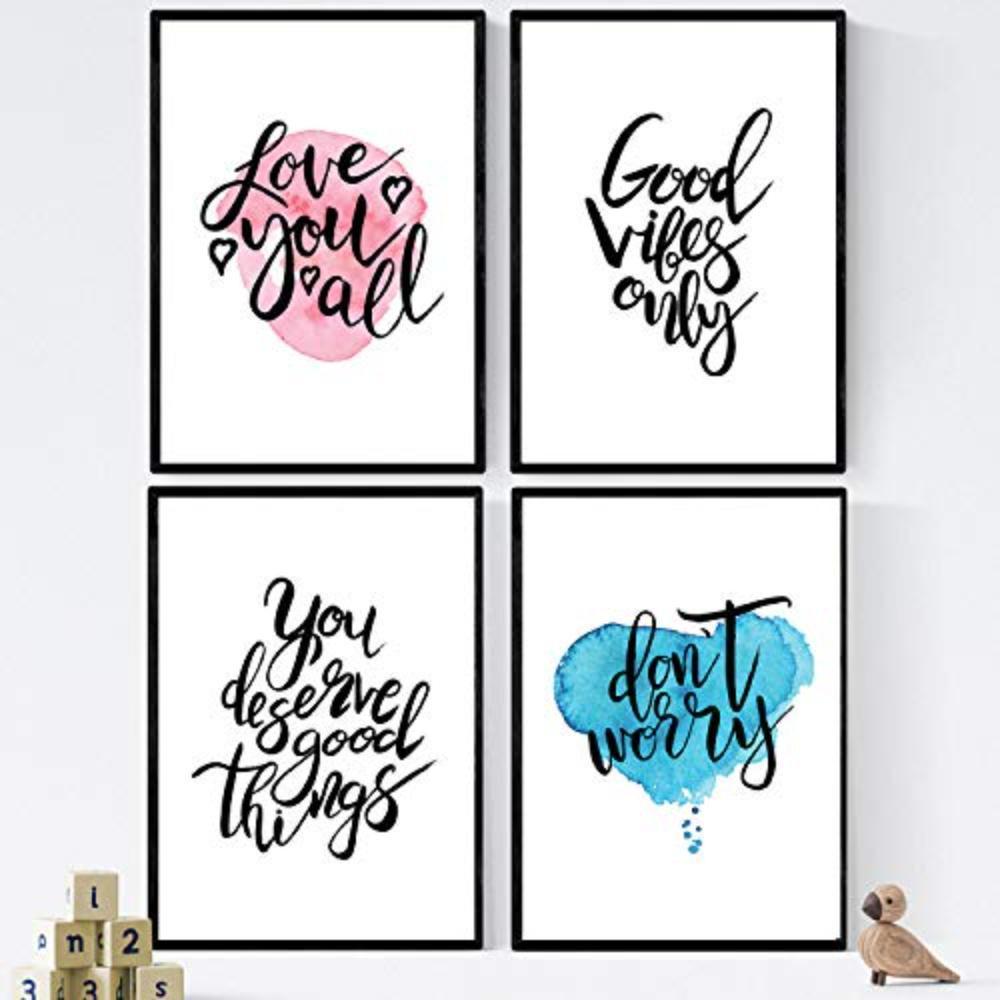 POSTER Set mit 4 glücklich und bunt ‚Gutes Leben‘ A3 Schwarzer Rahmen - Schwarz, Papier (29.7/3cm) - Nacnic
