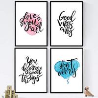 POSTER Set mit 4 glücklich und bunt ‚Gutes Leben‘ A3 Schwarzer Rahmen - Schwarz, Papier (29.7/3cm) - Nacnic