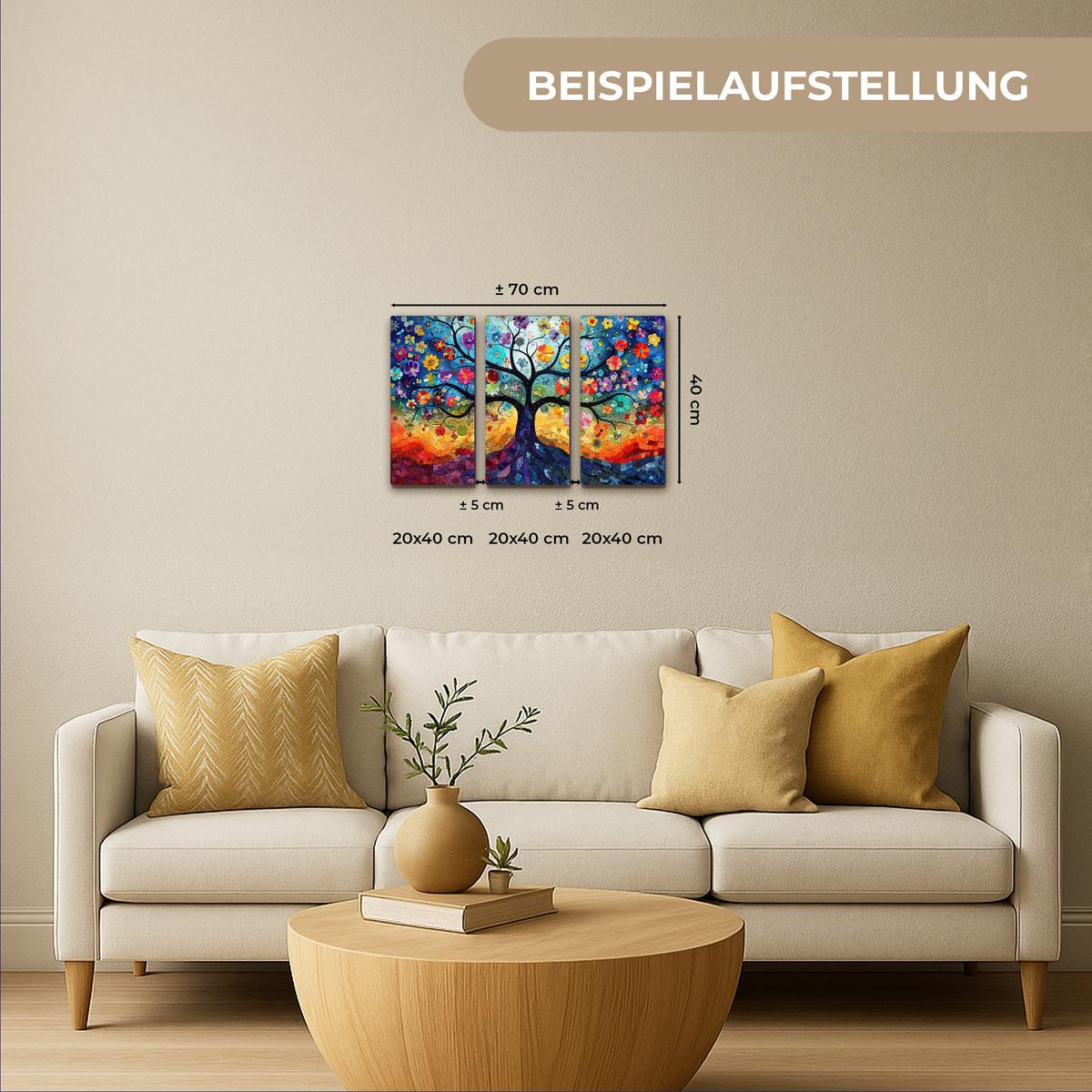 LEINWANDBILD 3er Set Bunt - Baum des Lebens - Blumen - Abstrakt 60x40 cm - Blau, Textil (60/40cm) - MuchoWow
