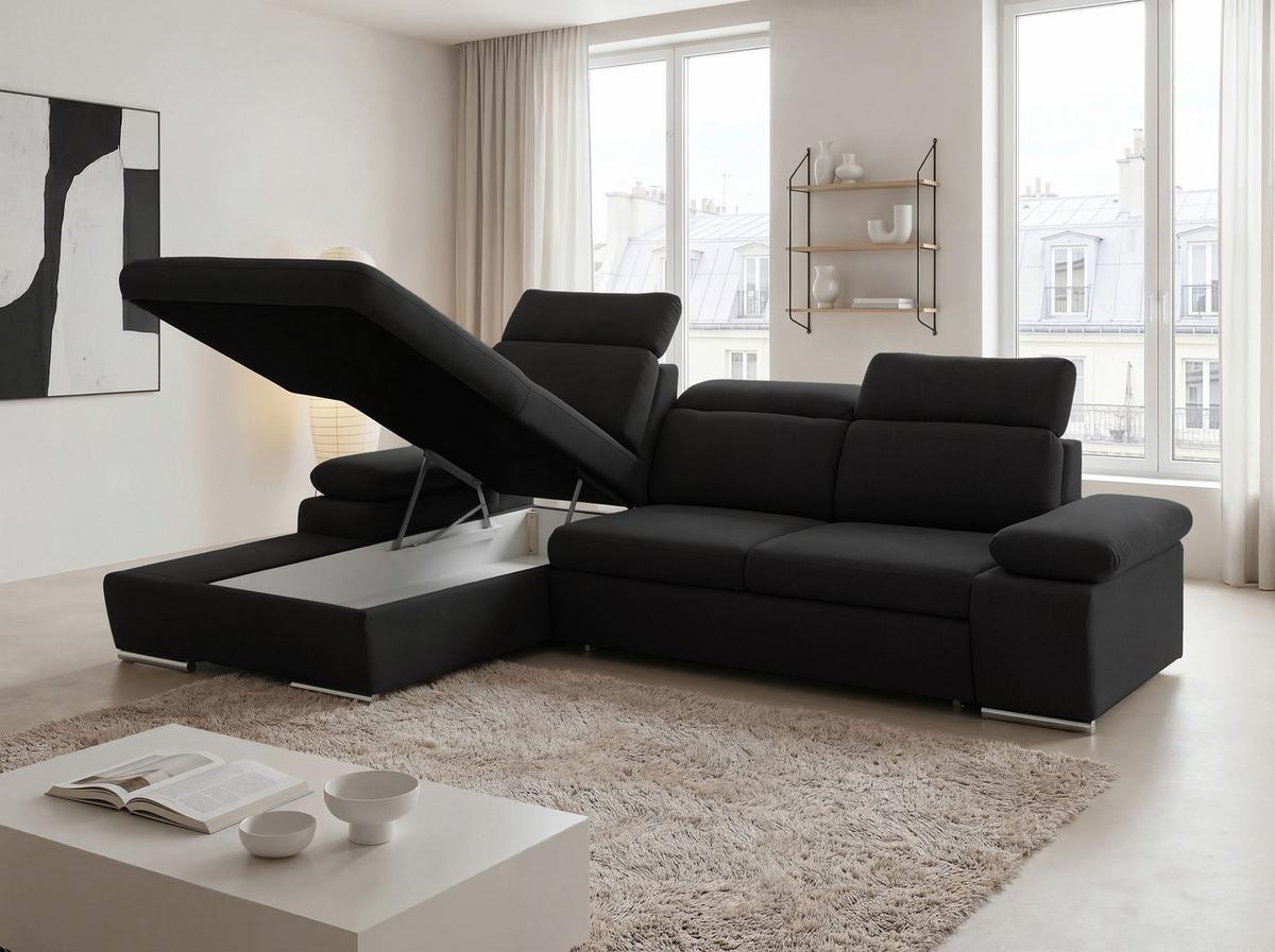 ECKSOFA PABLO mit Schlaffunktion und Bettkasten Schwarz - Schwarz, Holzwerkstoff/Kunststoff (250/90cm) - Idohome