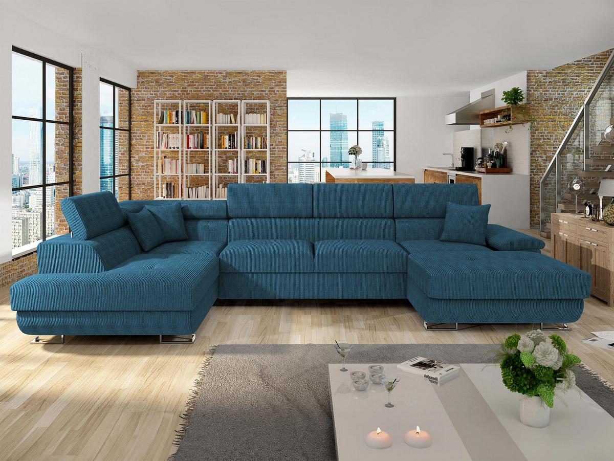 WOHNLANDSCHAFT Cotere Bis Cord, Seite: Links - Blau, Holz/Textil (345/91/202cm) - MIRJAN24