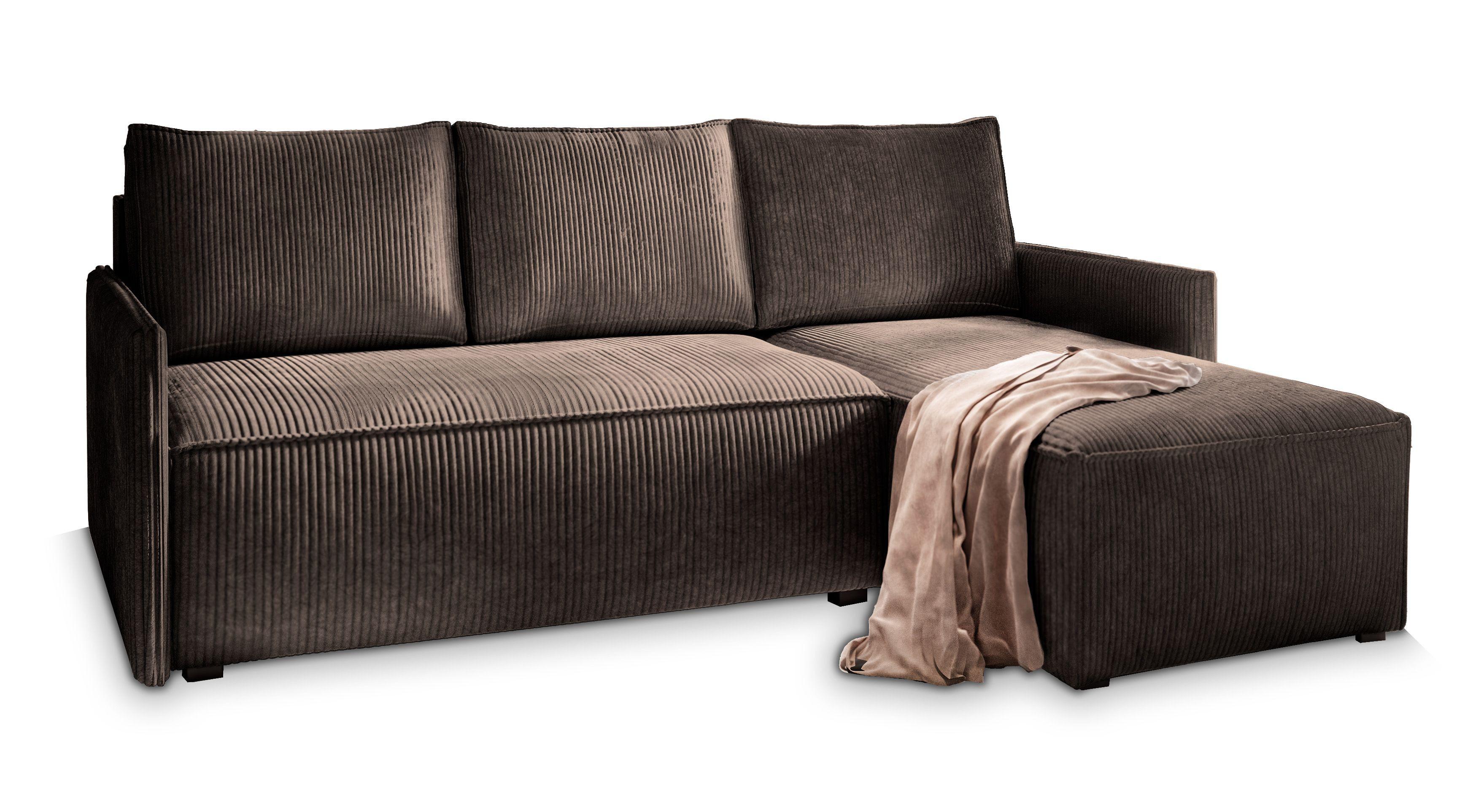ECKSOFA PERUSI Braun Kordstoff mit Schlaffunktion - Braun/Grau, Holz/Kunststoff (206/143cm) - MASSENO