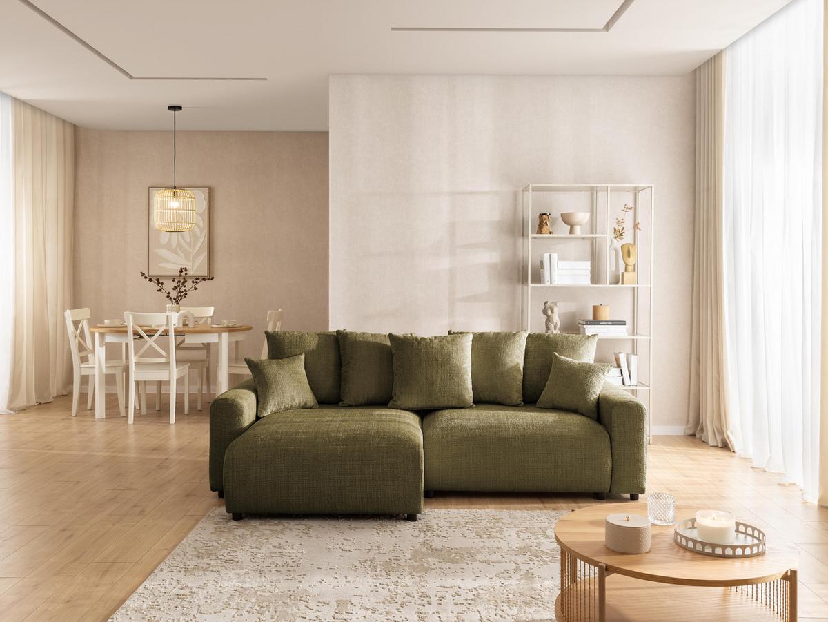ECKSOFA Calma mit Schlaffunktion und Bettkasten im Bumpy-Design aus weichem Grün Chenille-Stoff - Ottomane links - Beige/Schwarz, Holz/Kunststoff (140/239cm) - S-Style Möbel
