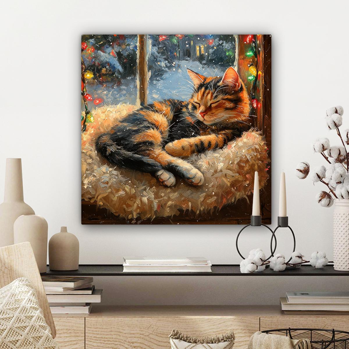 LEINWANDBILD Katze - Weihnachten - Winter - Tier Wandbild Wohnzimmer 50x50 cm - Bernsteinfarben, Textil (50/50cm) - MuchoWow