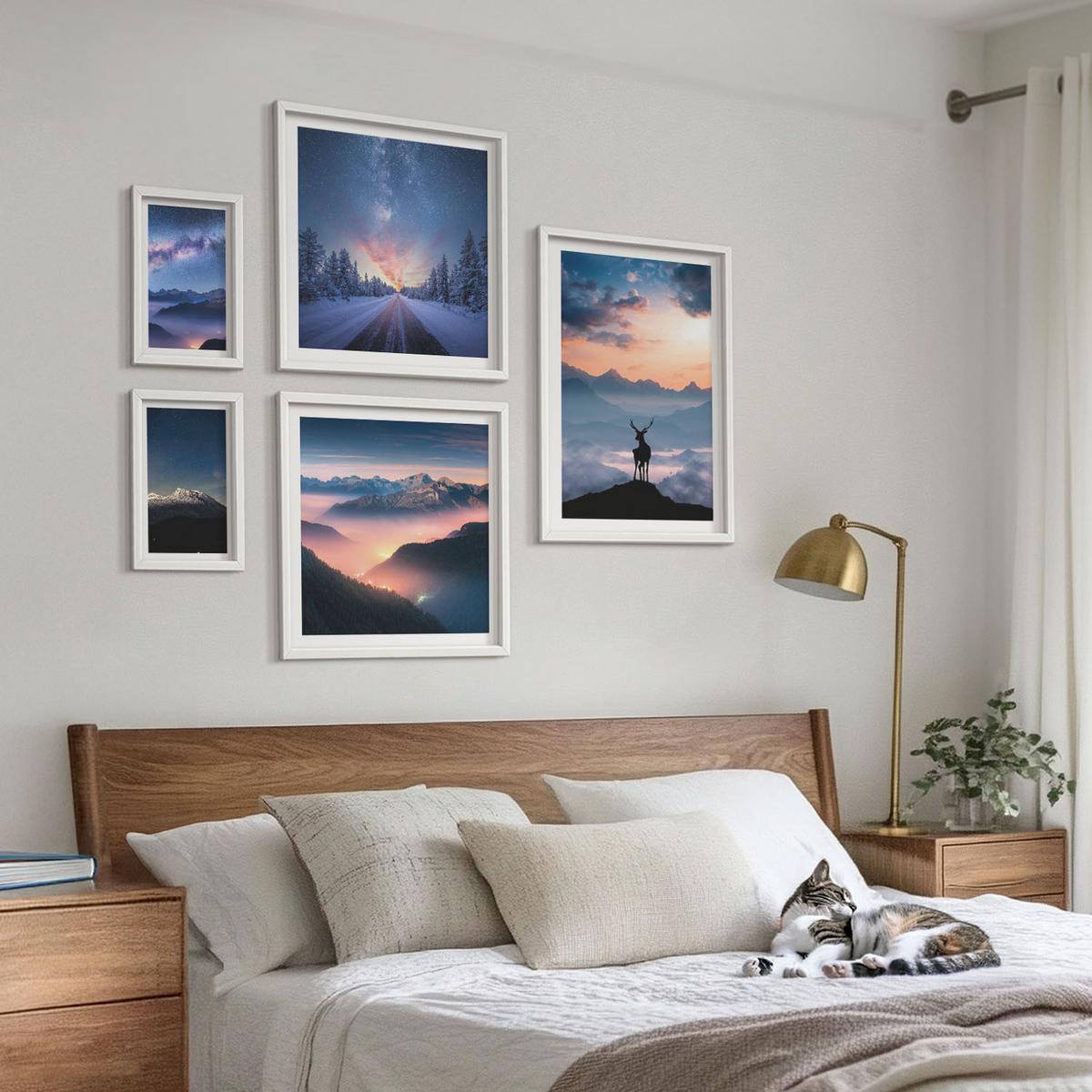 BILDER SET 5er Set - 50x50 cm & 20x30 cm & 40x60 cm Weißer Rahmen - Nachthimmel Berge Nebel Hirsch - Weiß, Kunststoff (40/60cm) - TULUP
