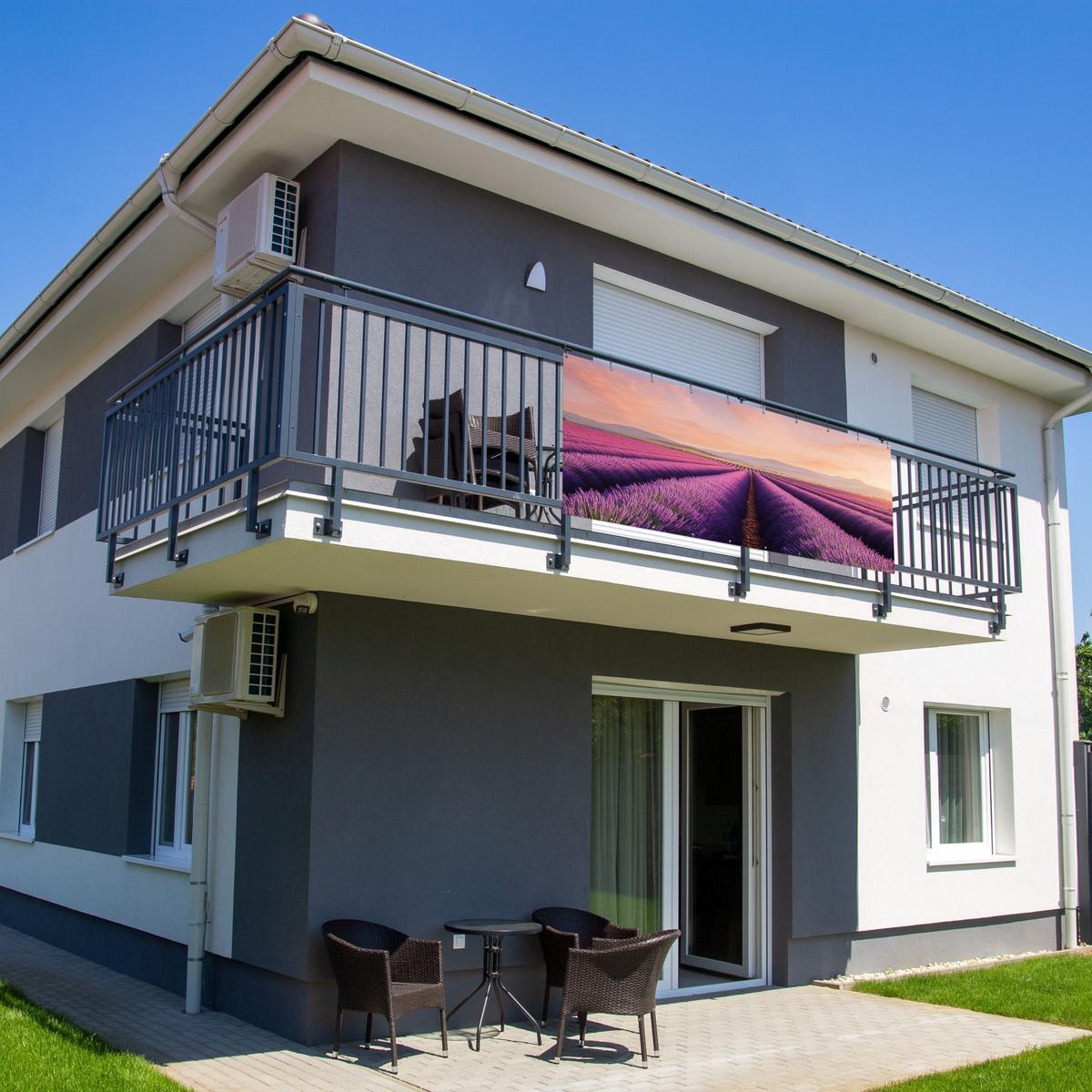 BALKON-SICHTSCHUTZ Lavendelfeld - Sonnenuntergang - Lila - Blumen - Violett, Kunststoff (300/120cm) - MuchoWow