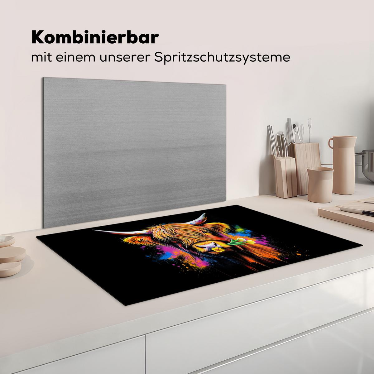 HERDABDECKPLATTE Schottischer Highlander - Graffiti - Bunt - Blume - Tiere Ceranfeldabdeckung 85x52 cm - Multicolor, Kunststoff (85/52/0.2cm) - MuchoWow