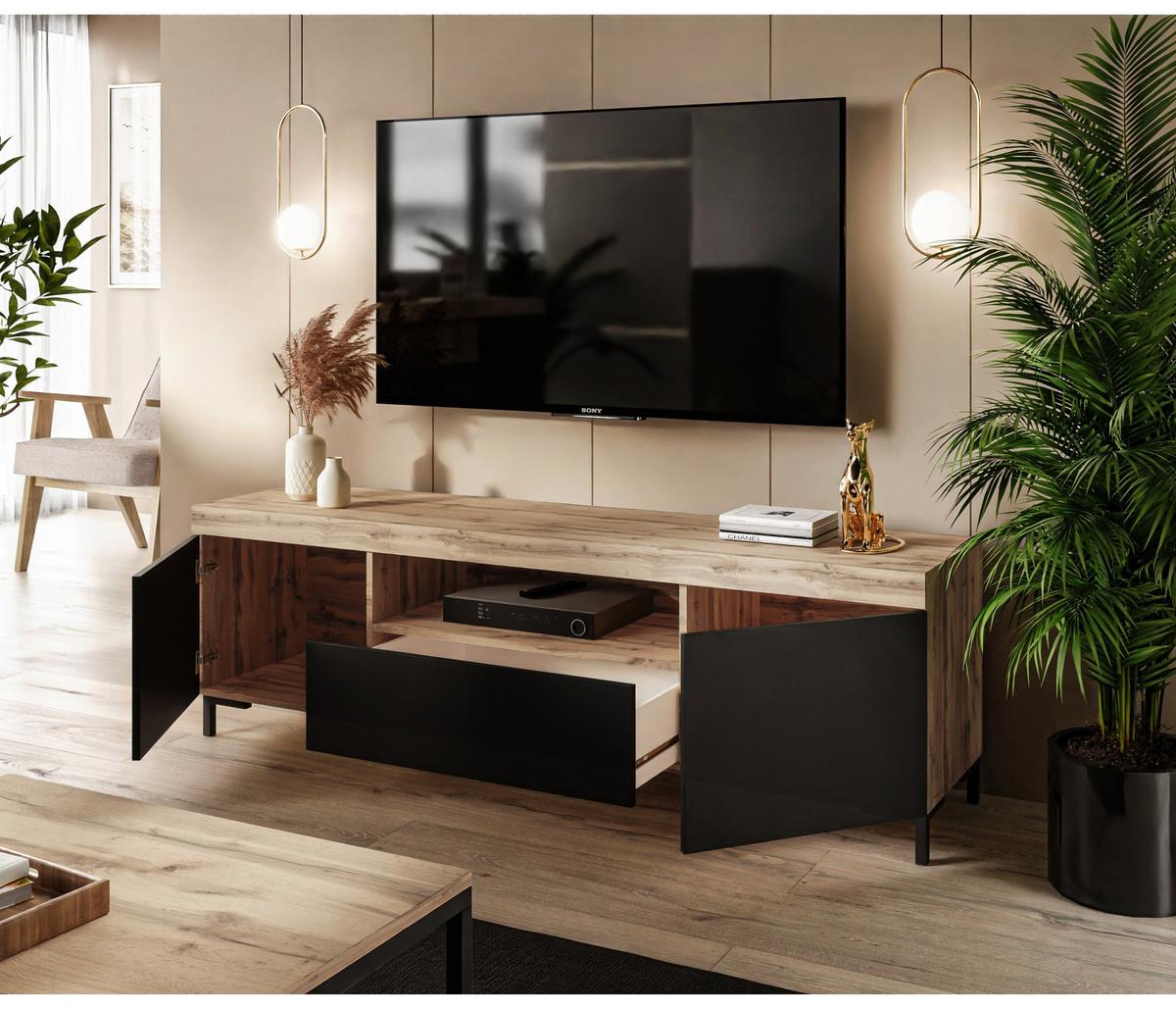 TV-SCHRANK YOSHI II 170/42/52 cm Wotan Eiche / Schwarz - Naturfarben, Holzwerkstoff/Kunststoff (170/52/42cm) - Lookway