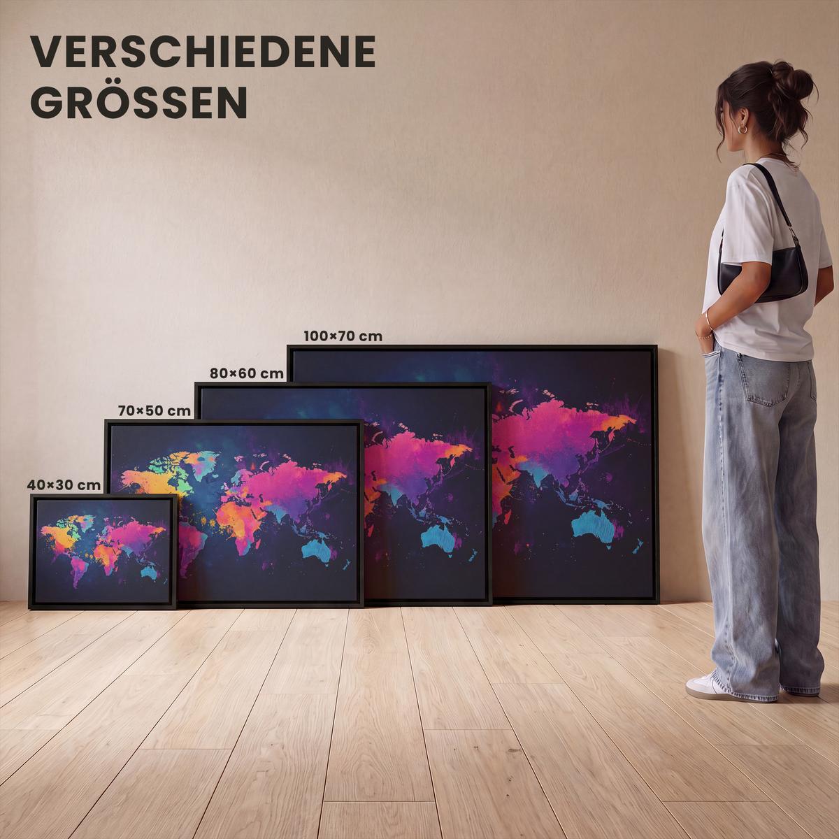 LEINWAND Bilder mit Rahmen - Weltkarte - Bunt - Graffiti - 80x60 - Multicolor, Textil (80/60cm) - MuchoWow