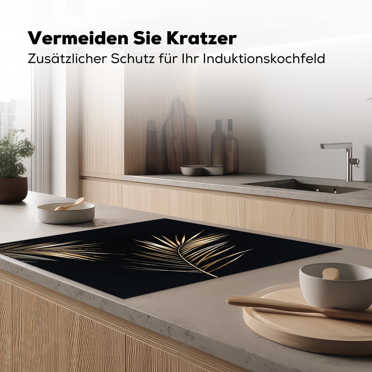 HERDABDECKPLATTE Blätter - Pflanzen - Gold - Schwarz - Luxus Induktionsmatte 78x78 cm - Goldfarben, Kunststoff (78/78/0.2cm) - MuchoWow