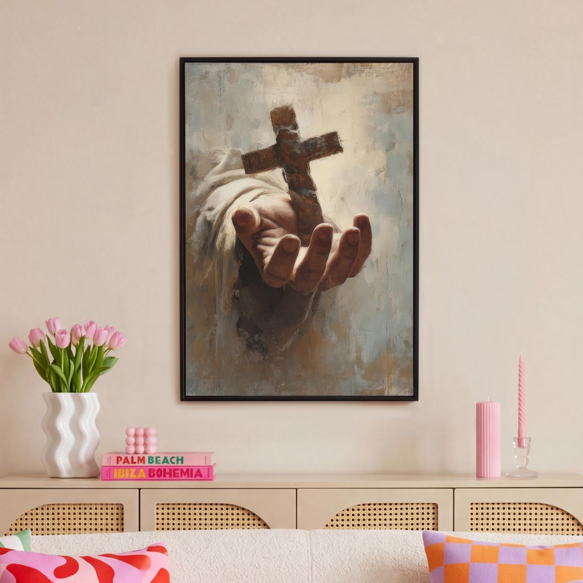 LEINWAND Bilder mit Rahmen - Abstrakt - Kreuz - Hand - Christentum - 60x90 - Hellbraun, Textil (60/90cm) - MuchoWow