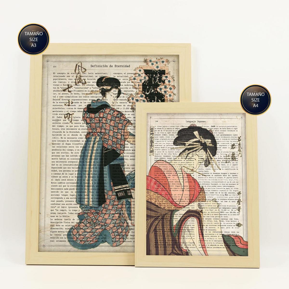 POSTER Set Mit 6 Japan Vintage Papier Stil Plakate Mit Enzyklopädie Hintergründen Ukiyo E Japanische Geishas A3 & A4 Rahmen Aus Hellem Holz - Beige, Papier (29/3cm) - Nacnic