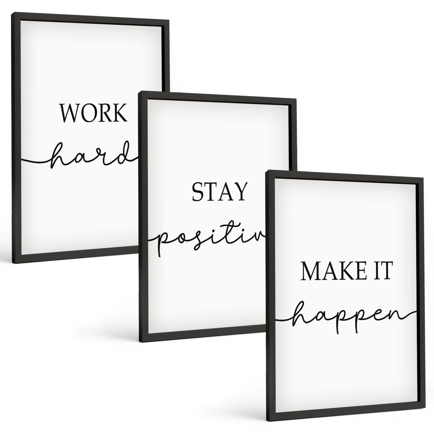 BILDER SET 3er Set - 40x60 cm Schwarzer Rahmen - Minimalistische Motivationsinschriften - Schwarz, Kunststoff (40/60cm) - TULUP
