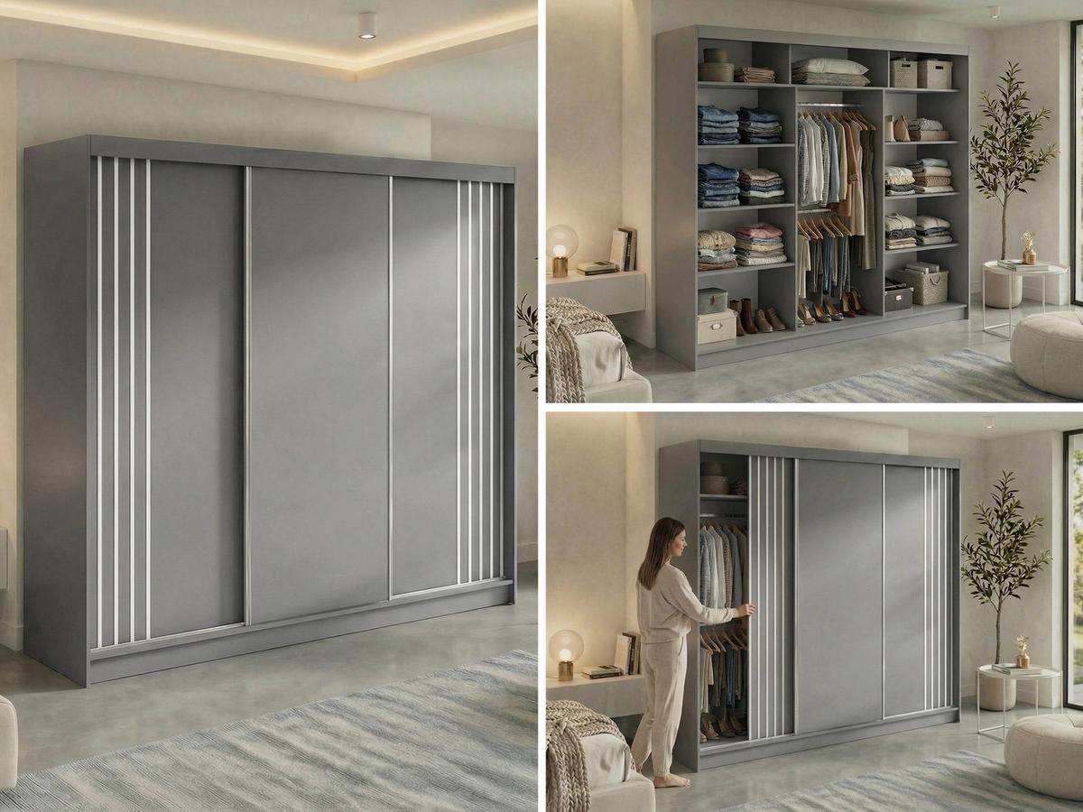 SCHWEBETÜRENSCHRANK mit Lamellen NAURU - 240 - Grau und Weiß - Alufarben/Weiß, Holzwerkstoff/Metall (240/216/61cm) - MKS