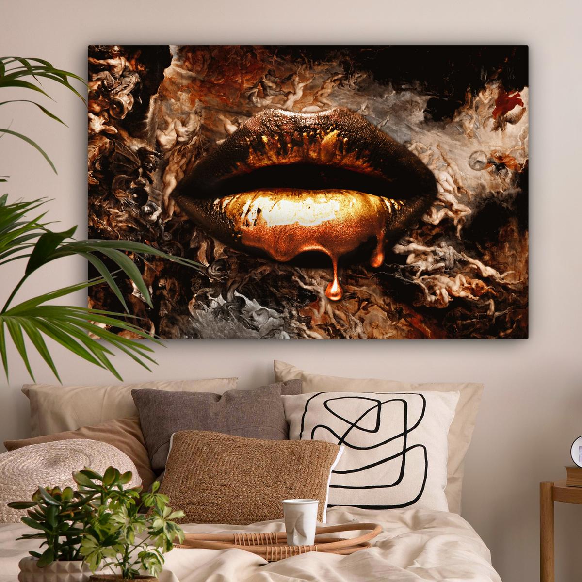 LEINWANDBILD Gold - Lippen - Kunst - Gold - Luxus - Abstrakt XXL 150x100 cm - Kupferfarben, Textil (150/100cm) - MuchoWow