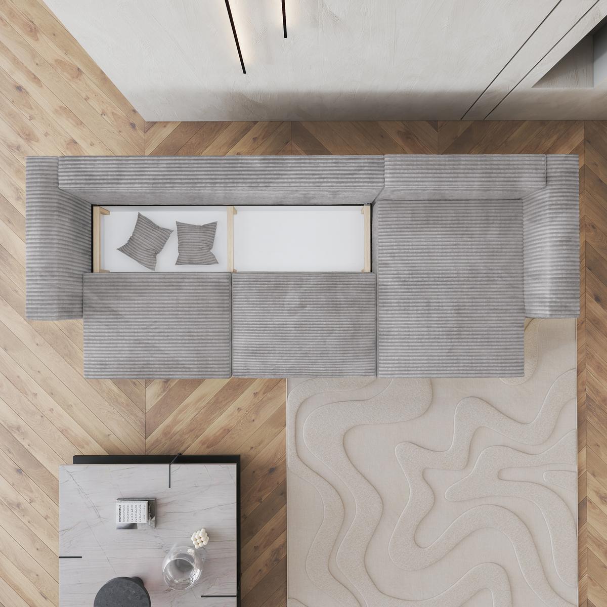 ECKSOFA TOLMO Hellgrau Kordstoff mit Schlaffunktion - Hellgrau/Grau, Holz/Kunststoff (347/148cm) - MASSENO