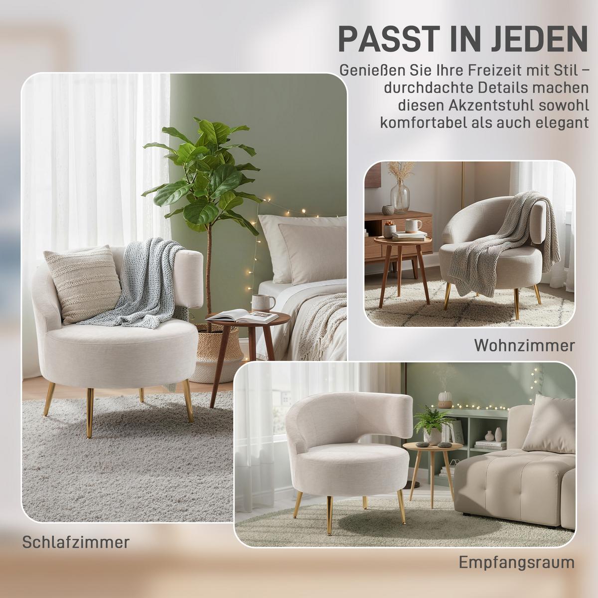 SESSEL Polyester Cremeweiß - Goldfarben/Creme, Textil/Metall (65/67/69cm) - HOMCOM