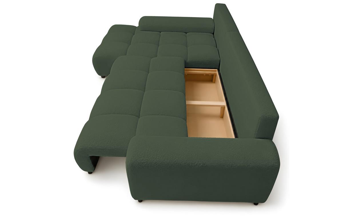 ECKSOFA Ovia mit Bettkasten und Schlaffunktion, Bouclé-Stoff in L-Form - Grün, Textil (270/185cm)