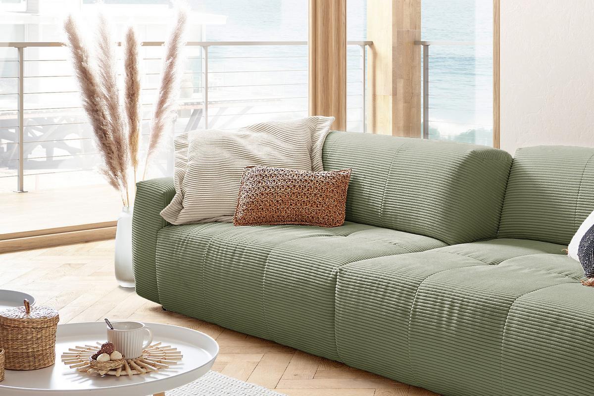 SOFA MIT SITZTIEFENVERSTELLUNG PALACE Grün Cord Relaxfunktion - Schwarz/Olivgrün, Kunststoff/Textil (298/74/120cm) - KAWOLA