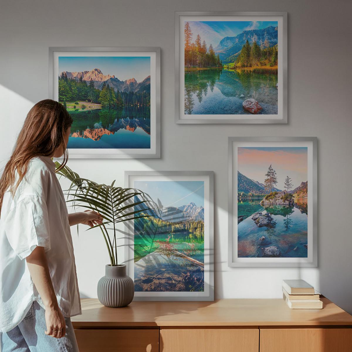 BILDER SET 4er Set - 50x50 cm & 40x60 cm Silberner Rahmen - Naturlandschaft der Bergseen - Silberfarben, Kunststoff (50/50cm) - TULUP