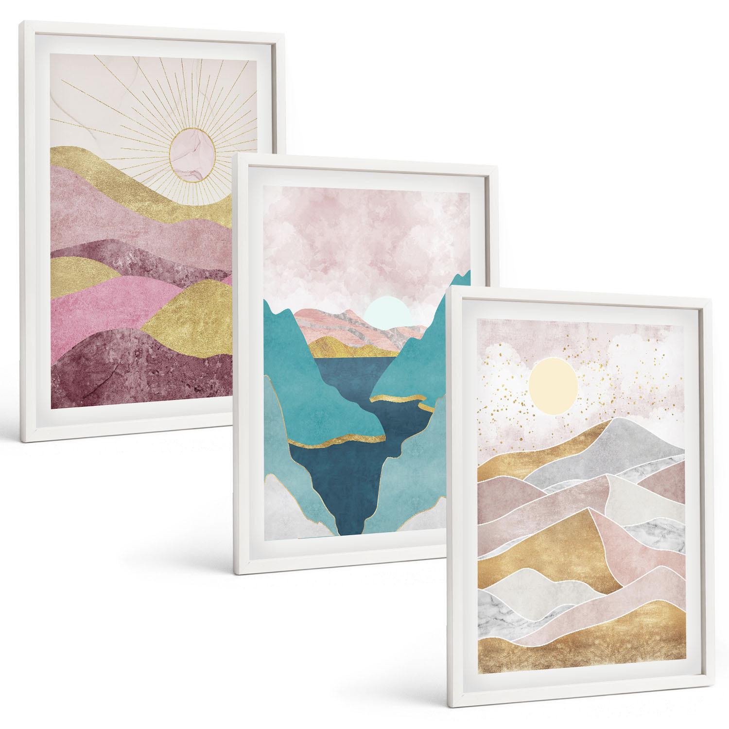 BILDER SET 3er Set - 40x60 cm Weißer Rahmen - Abstrakte Berge Sonne - Weiß, Kunststoff (40/60cm) - TULUP