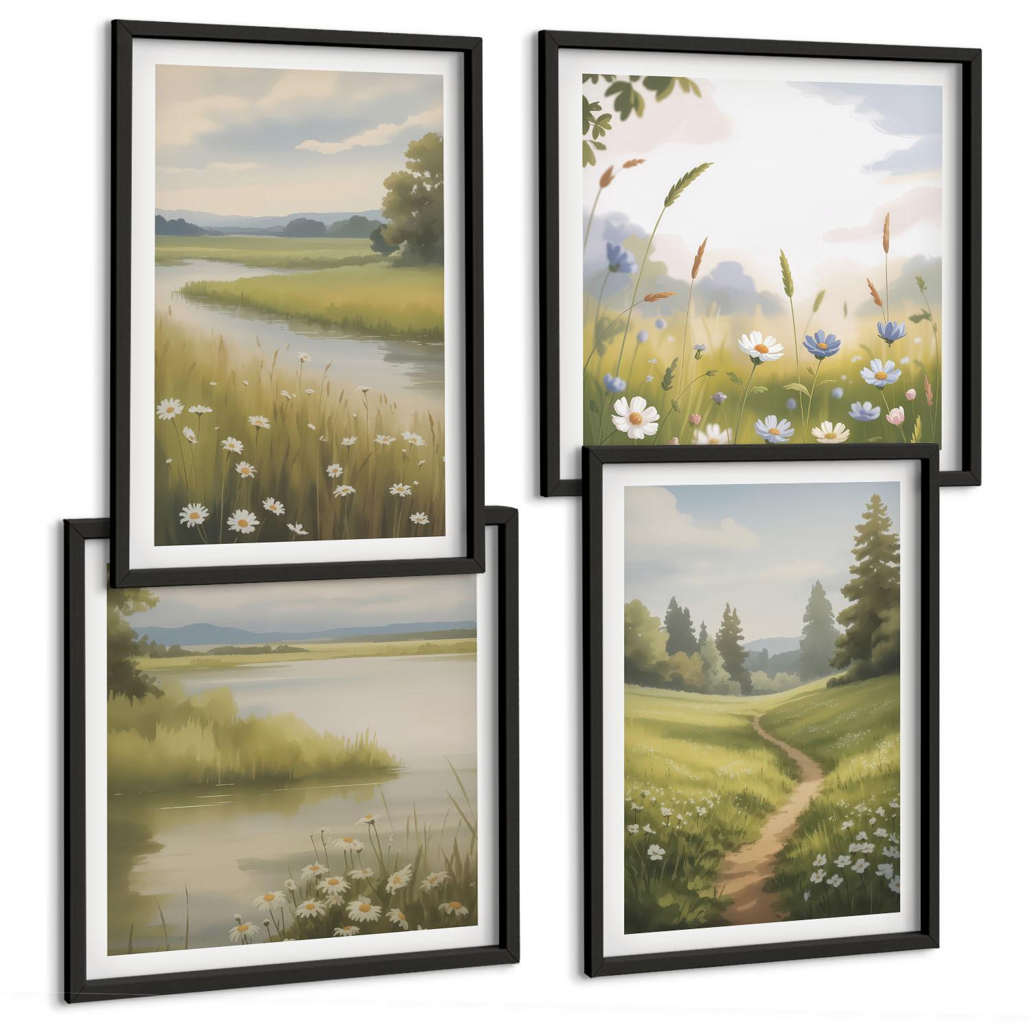 BILDER SET 4er Set - 50x50 cm & 40x60 cm Schwarzer Rahmen - Frühlingslandschaft Flusswiese - Schwarz, Kunststoff (50/50cm) - TULUP