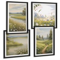 BILDER SET 4er Set - 50x50 cm & 40x60 cm Schwarzer Rahmen - Frühlingslandschaft Flusswiese - Schwarz, Kunststoff (50/50cm) - TULUP