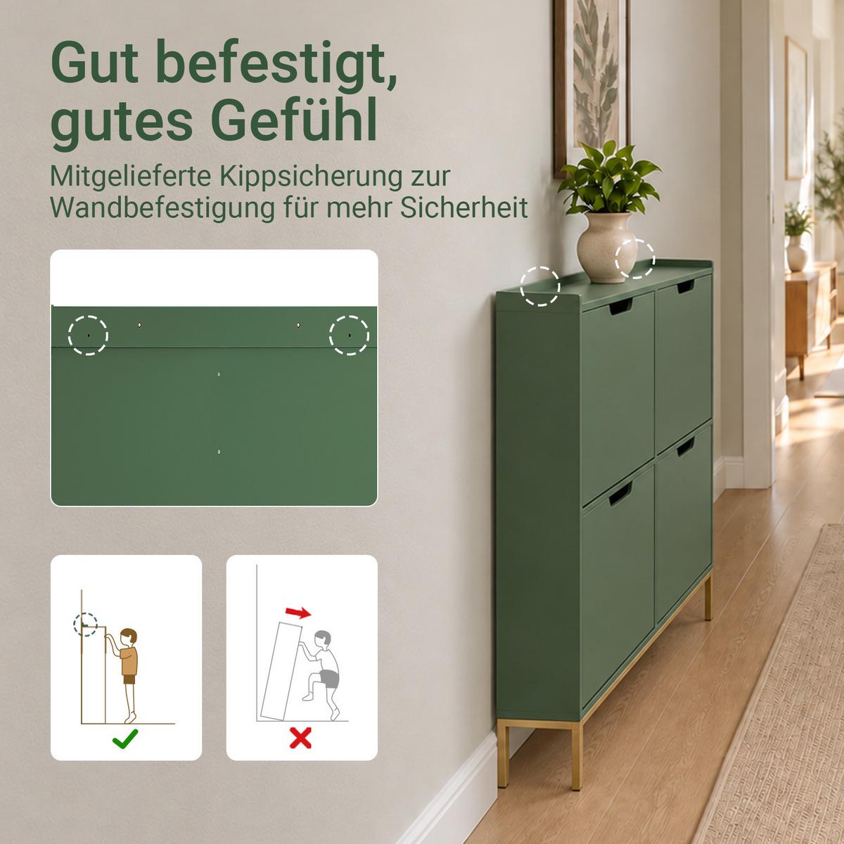 SCHUHSCHRANK dunkelgrün, 100x91x19 cm, 4 Klappen für 8 Paar, goldene Metallfüße, bis EU 47, nur 19 cm tief - Dunkelgrün, Holzwerkstoff/Metall (100/91/19cm) - SoBuy