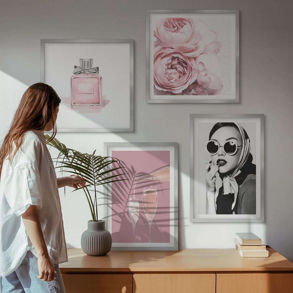 BILDER SET 4er Set - 50x50 cm & 40x60 cm Silberner Rahmen - Stilvolle pinkfarbene Accessoires - Silberfarben, Kunststoff (50/50cm) - TULUP