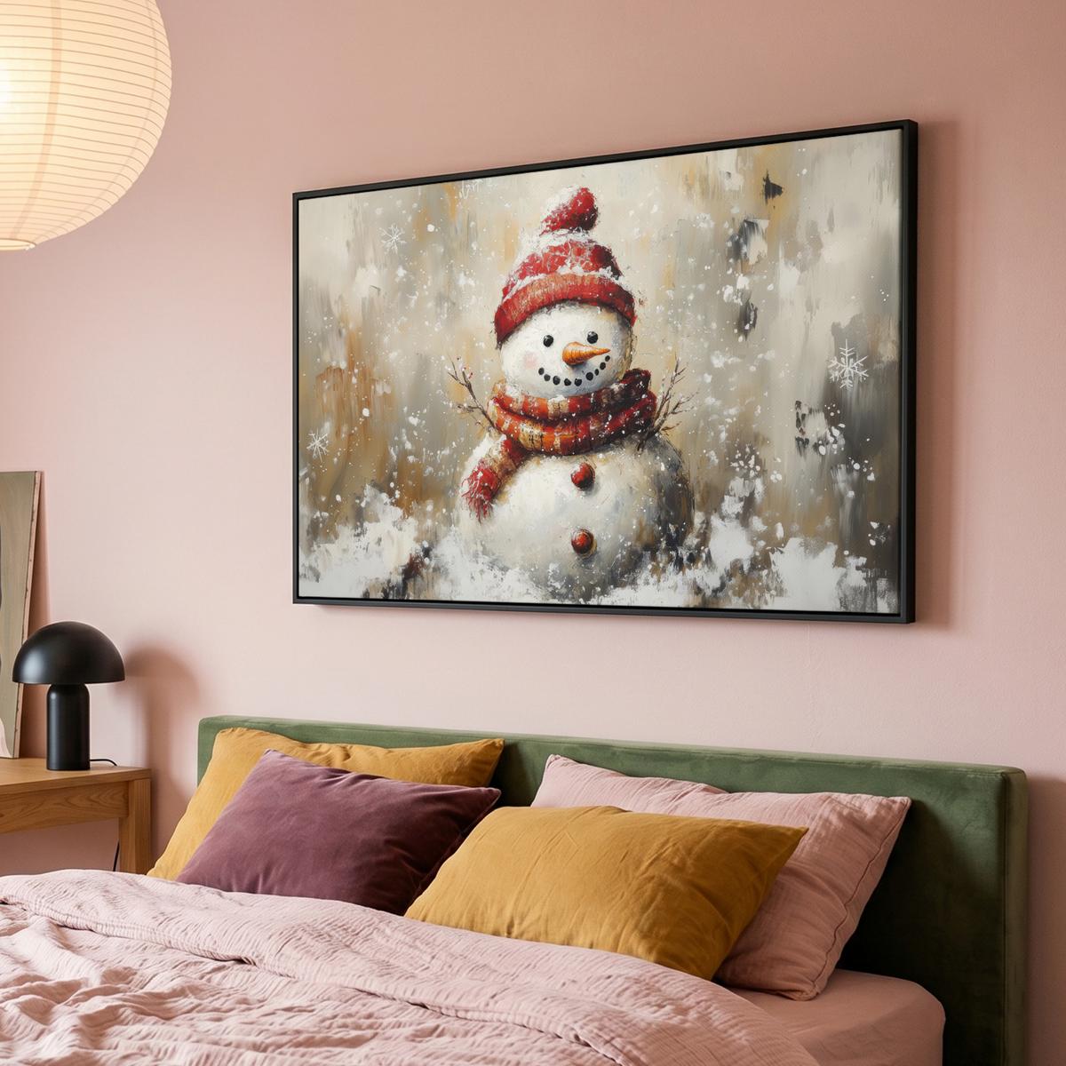 LEINWAND Bilder mit Rahmen - Schneemann - Winter - Schnee - Beige - 120x80 - Weiß, Textil (120/80cm) - MuchoWow