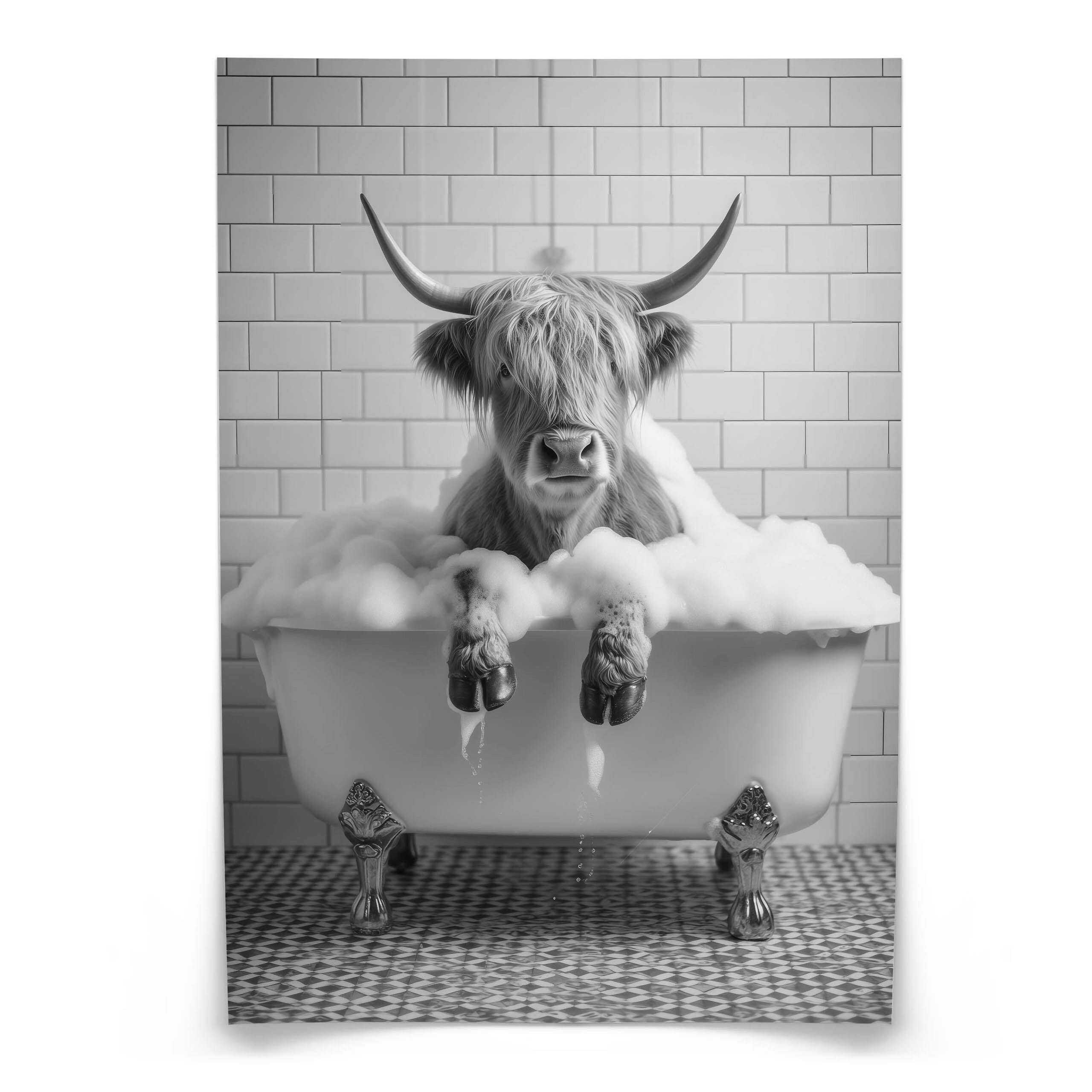 POSTER für WC Badezimmer SCHOTTISCHE KUH in Badewanne Schwarz-Weiß Abstraktion 20x30cm - Schwarz/Weiß, Papier (20/30/30cm) - Muralo