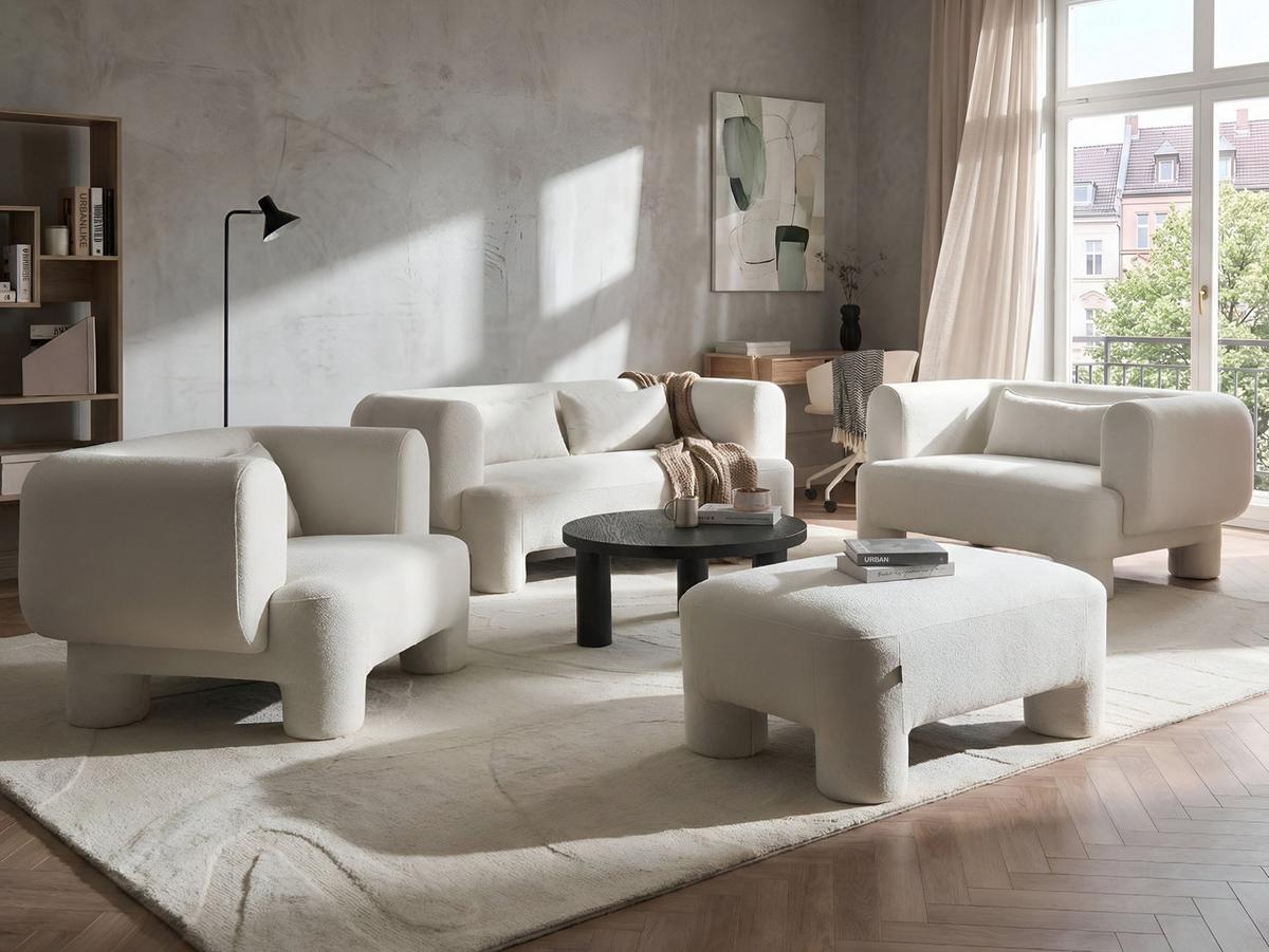 SOFA-SET 6-Sitzer Stoff Weiß mit Ottomane Hogbo - Weiß, Textil (180/73/93cm) - Beliani