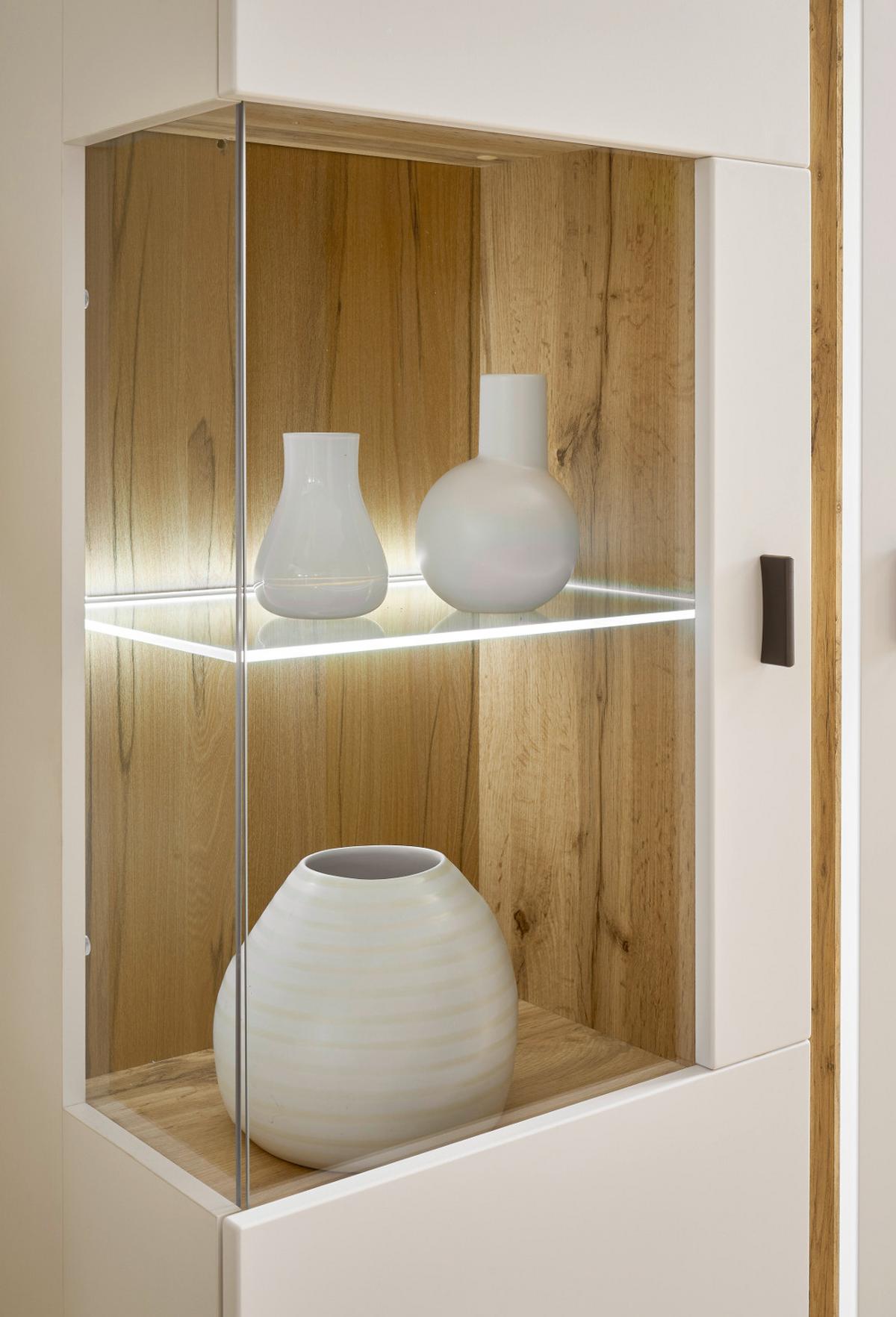 VITRINE weiß matt, Eiche Wotan 80 x 125 cm, Highboard inklusive Frontbeleuchtung - Eiche Wotan/Silberfarben, Glas/Holzwerkstoff (80/125/35cm) - Furn.Design