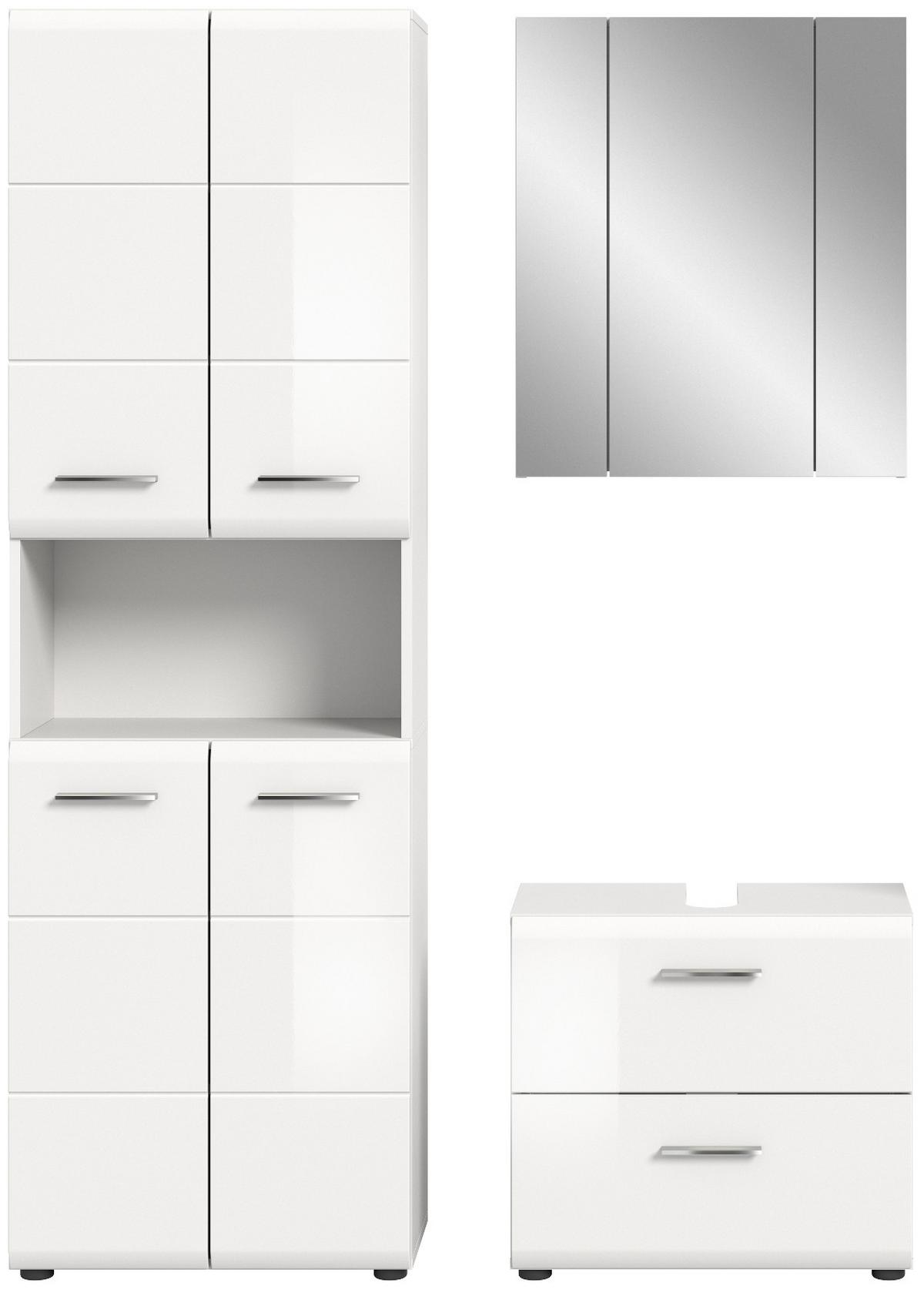 BADMÖBEL-SET 3-teilig weiß Hochglanz, Badkombination mit großem Badschrank - Weiß Hochglanz/Silberfarben, Glas/Holzwerkstoff (135/185/30cm) - Inn.Furn