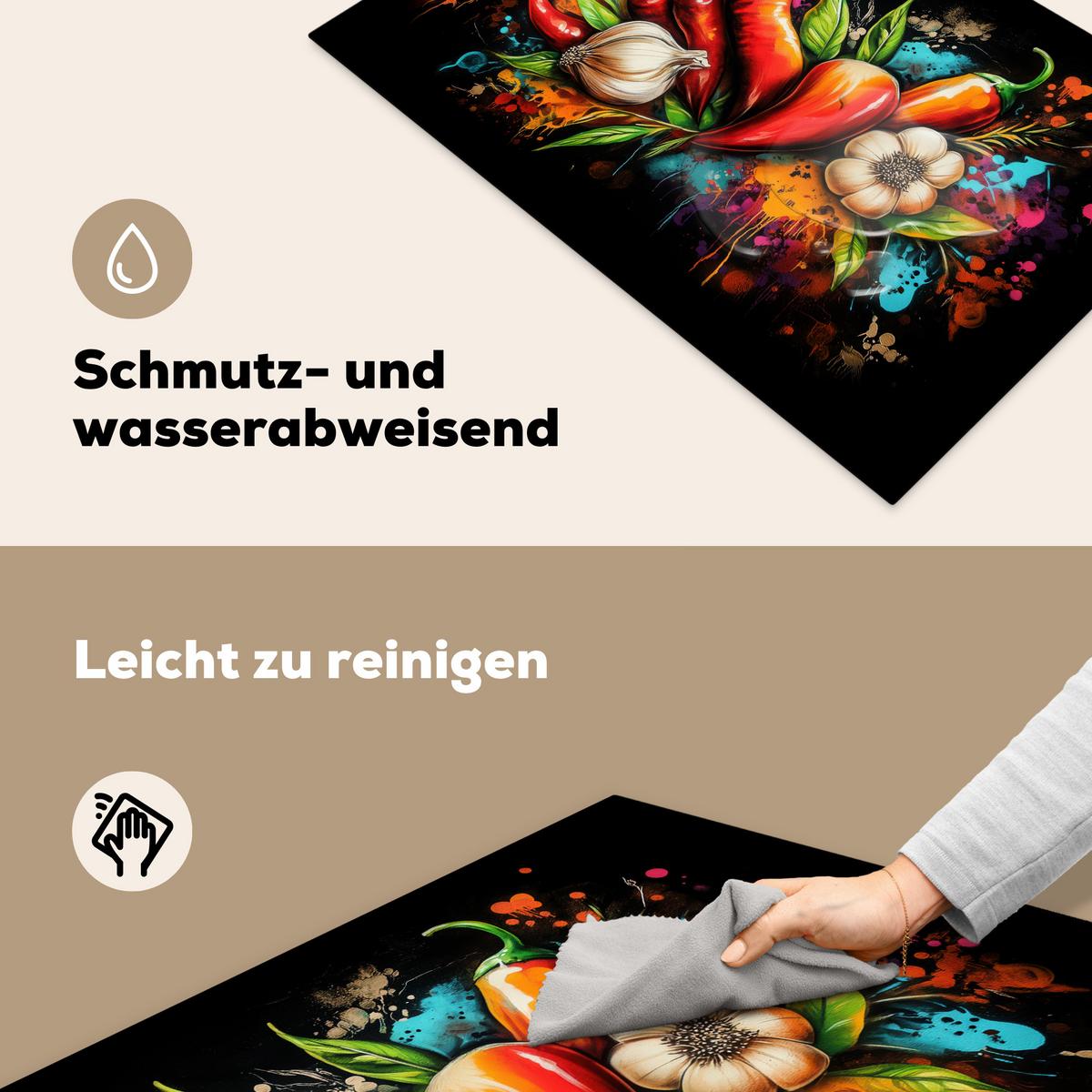 HERDABDECKPLATTE Gemüse - Paprika - Knoblauch - Graffiti - Farbe - Bunt Induktionsschutz 81.6x52.7 cm - Rot, Kunststoff (81.6/52.7/0.2cm) - MuchoWow