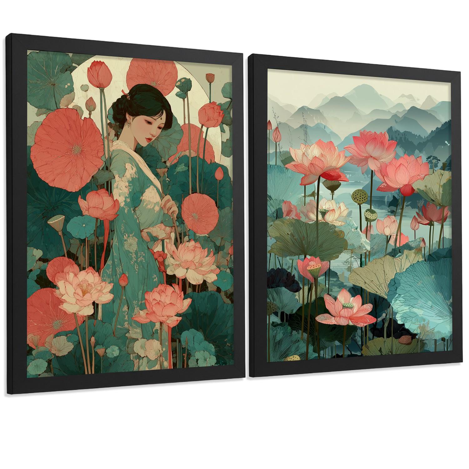 POSTER 2er-Set dekorative Badezimmerdrucke, japanisch-orientalische Kunstposter WC mit Lotusblumen, asiatische Landschaft, Stil Schwarzer Rahmen A4 - Schwarz, Papier (29.7/21/3cm) - Nacnic