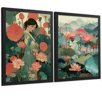 POSTER 2er-Set dekorative Badezimmerdrucke, japanisch-orientalische Kunstposter WC mit Lotusblumen, asiatische Landschaft, Stil Schwarzer Rahmen A4 - Schwarz, Papier (29.7/21/3cm) - Nacnic