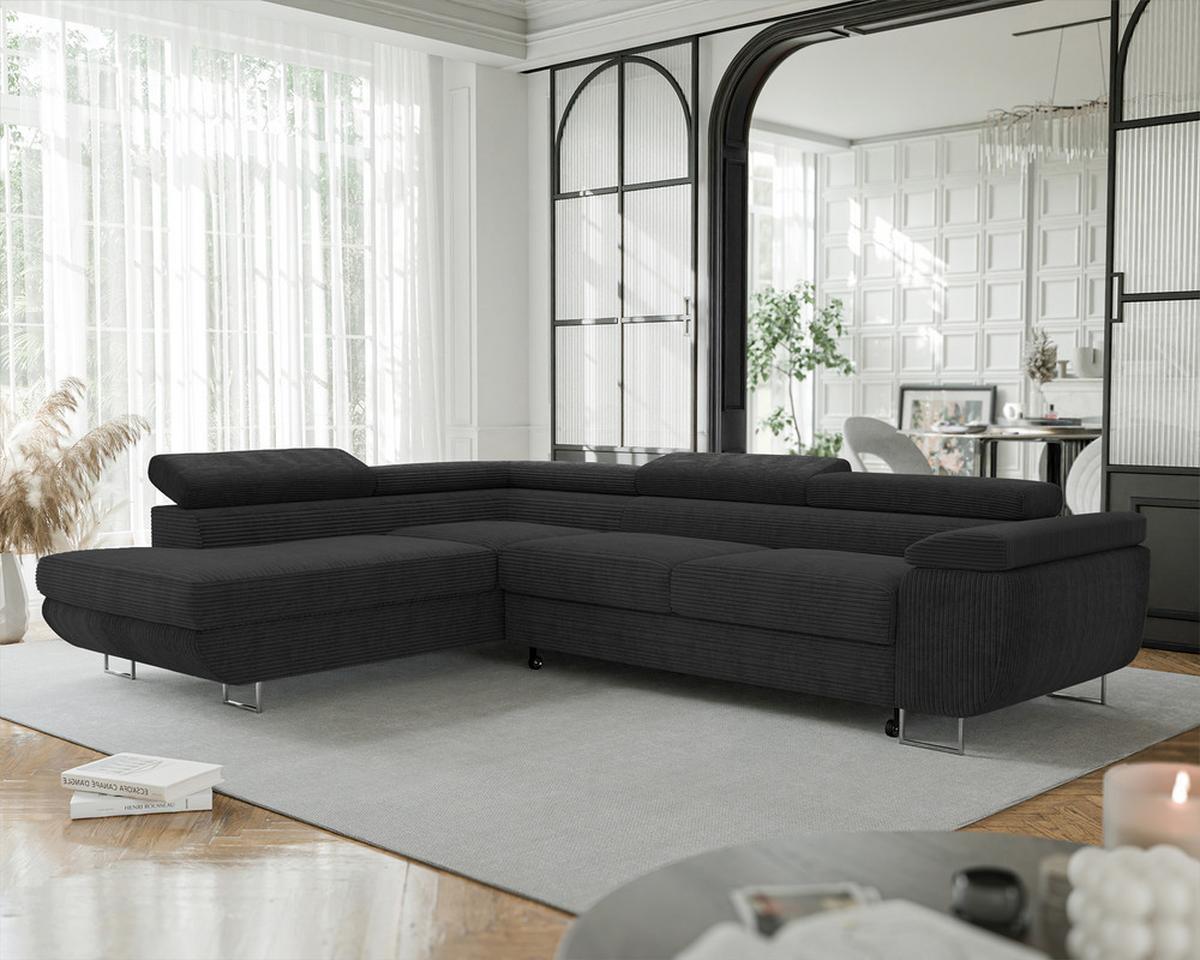 ECKSOFA ANTON links, mit Schlaffunktion und Bettkasten Anthrazit - Chromfarben/Anthrazit, Textil/Metall (274/203cm) - Idohome