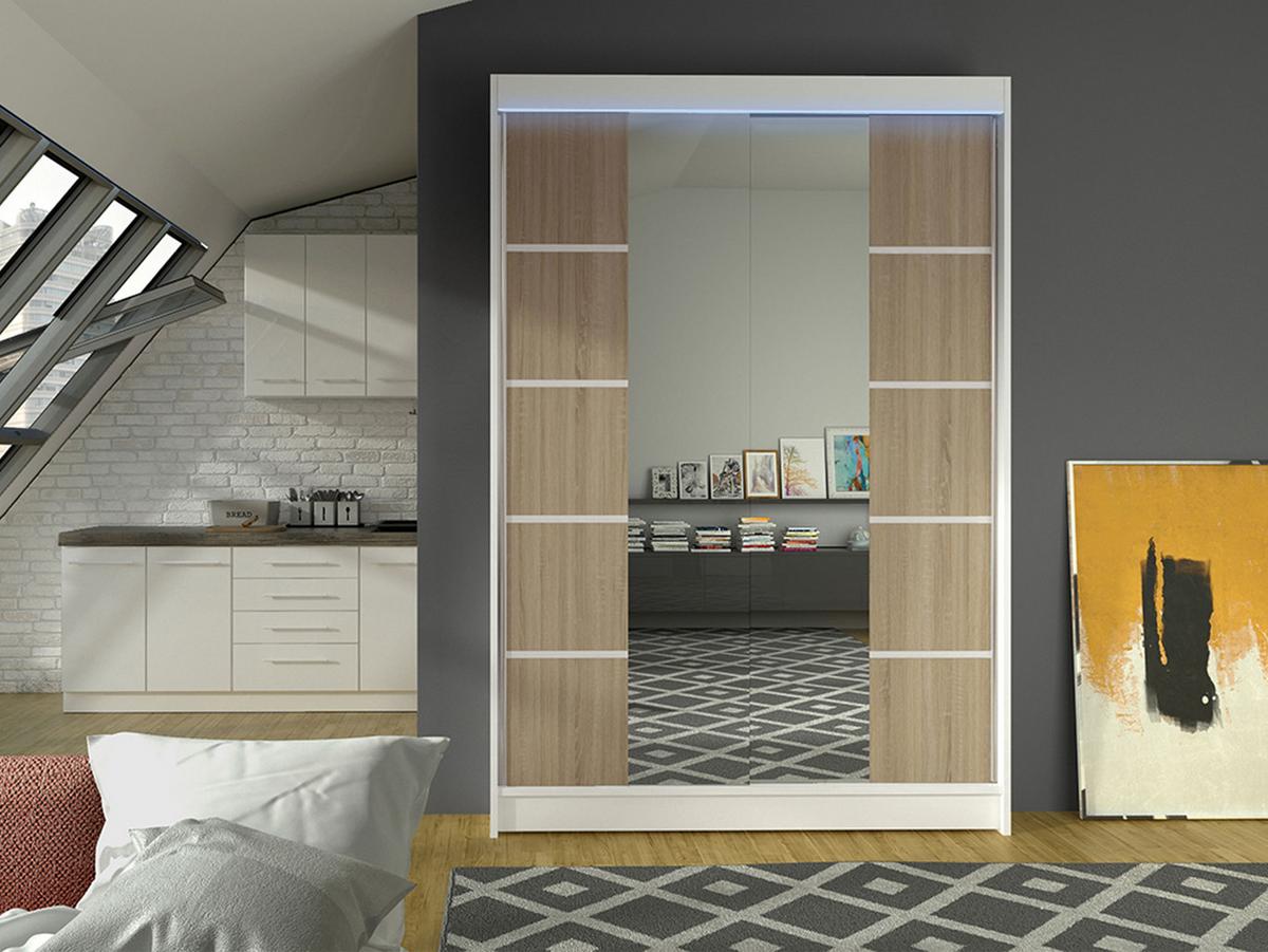 SCHWEBETÜRENSCHRANK Lino V mit RGB LED Beleuchtung - Weiß/Sonoma Eiche, Holzwerkstoff/Metall (120/200/58cm) - MIRJAN24