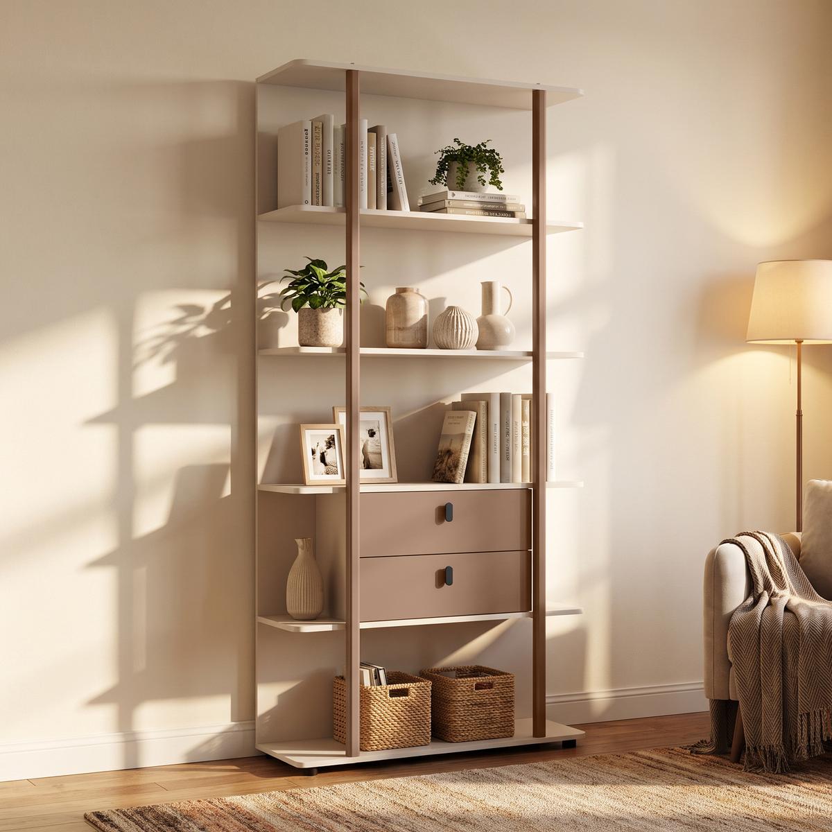 BÜCHERREGAL Boreo aus Metall mit 2 Schubladen, 90 cm, Kaschmir+Hellbraun - Kaschmir/Hellbraun, Metall (90/200/26cm) - Beautysofa